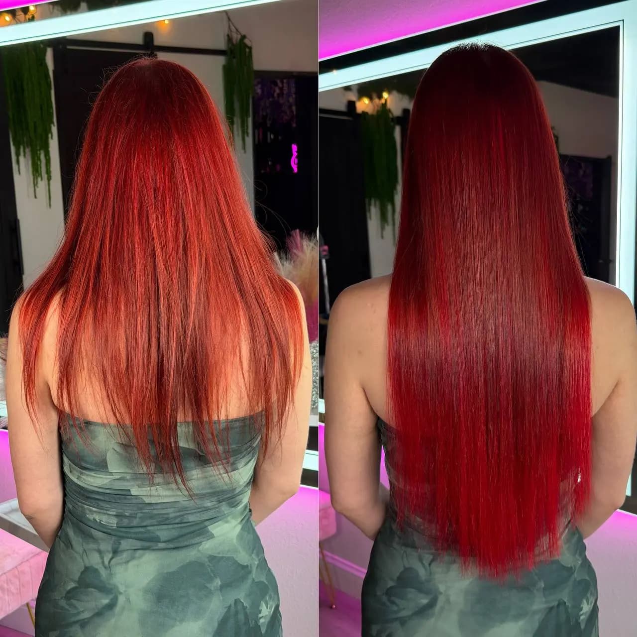 Before and after K-Tip extensions — red hair, length and volume, view from back
