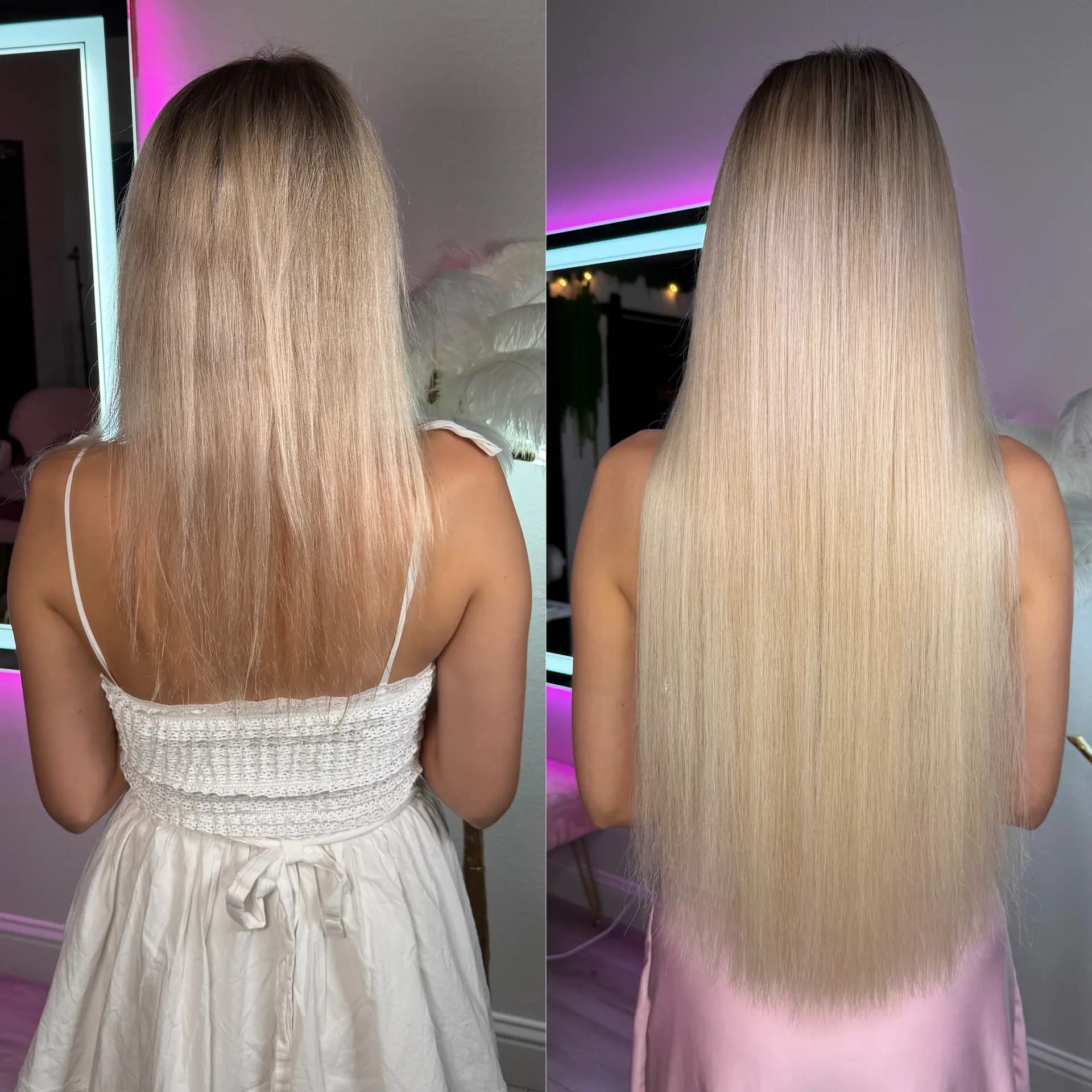Before and after K-Tip extensions — blonde, length and volume, view from back