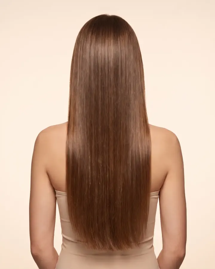 Back view of long straight hair in shade #4 Medium Brown