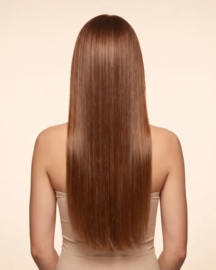 Back view of long straight hair in shade #5 Chestnut Brown